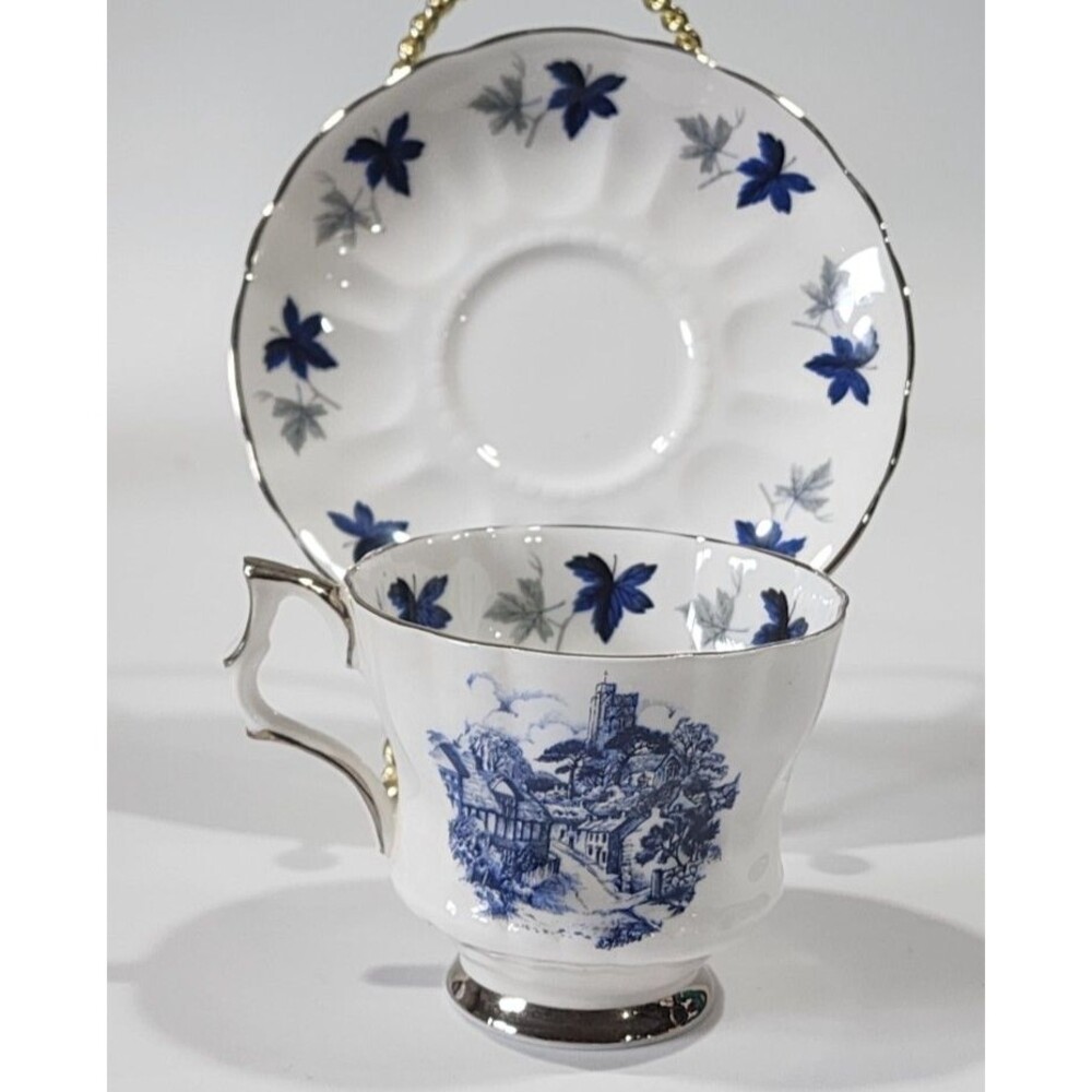 Windsor Blue White Silver Leaves Teacup Saucer Bone China England Vintage